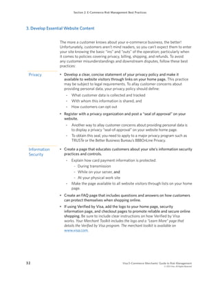 Section 2: E-Commerce Risk Management Best Practices
3 2 		 Visa E-Commerce Merchants’ Guide to Risk Management
	 © 2013 V...