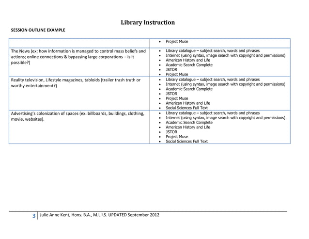 Library Instruction Session Outline Example | PPT
