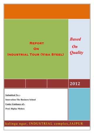 Based
                        Report
                           On
                                  On
  Industrial Tour (Visa Steel)
                                 Quality




                                 2012

Submitted To :-

Innovation-The Business School

Under Guidance of:-

Prof. Dipika Mishra




kalinga ngar, INDUSTRIAL complex,JAJPUR
 
