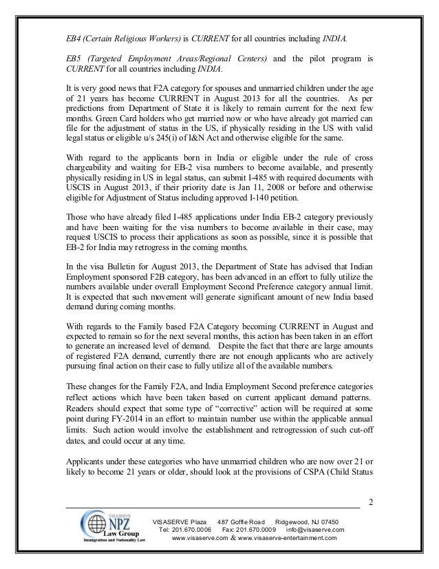 Visa bulletin for august 2013 and Article