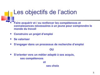 Les objectifs de l’action Faire acquérir et / ou renforcer les compétences et connaissances nécessaires à un jeune pour comprendre le monde du travail Construire un projet d’emploi Se valoriser S’engager dans un processus de recherche d’emploi OU S’orienter vers un métier adapté à ses acquis,  ses compétences    et    ses choix 