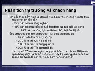 www.themegallery.com
Phân tích thị trường và khách hàng
Tính đến thời điểm hiện tại dân số Việt Nam vào khoảng hơn 85 triệu
người với cơ cấu gần
~ 65% dân số làm nông nghiệp
~ 15% dân số chưa đến độ tuổi lao động và quá tuổi lao động
~ 20% dân số sống tại các thành phố, thị trấn, thị xã,...
Tổng số lượng thẻ trên thị trường 11,1 triệu thẻ trong đó
~ 95.21 % là thẻ Ghi nợ nội địa
~ 2.72 % là thẻ Ghi nợ quốc tế
~ 1.83 % là thẻ Tín dụng quốc tế
~ 0.31 % là thẻ Tín dụng nội địa
Hiện tại có 37 tổ chức ngân hàng phát hành thẻ, chỉ có 16 tổ chức
ngân hàng phát hành thẻ quốc tế do vậy thị trường phát triển kinh
doanh thẻ Quốc tế còn rất nhiều tiềm năng phát triển
 