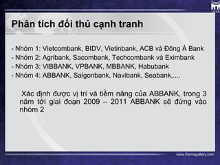 www.themegallery.com
Phân tích đối thủ cạnh tranh
- Nhóm 1: Vietcombank, BIDV, Vietinbank, ACB và Đông Á Bank
- Nhóm 2: Agribank, Sacombank, Techcombank và Eximbank
- Nhóm 3: VIBBANK, VPBANK, MBBANK, Habubank
- Nhóm 4: ABBANK, Saigonbank, Navibank, Seabank,....
Xác định được vị trí và tiềm năng của ABBANK, trong 3
năm tới giai đoạn 2009 – 2011 ABBANK sẽ đứng vào
nhóm 2
 