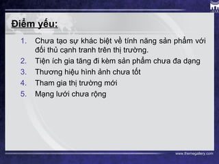 www.themegallery.com
Điểm yếu:
1. Chưa tạo sự khác biệt về tính năng sản phẩm với
đối thủ cạnh tranh trên thị trường.
2. Tiện ích gia tăng đi kèm sản phẩm chưa đa dạng
3. Thương hiệu hình ảnh chưa tốt
4. Tham gia thị trường mới
5. Mạng lưới chưa rộng
 