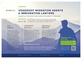 VISAENVOY MIGRATION AGENTS
& IMMIGRATION LAWYERS
LEADER IN CORPORATE AND EMPLOYEE MOBILITY SERVICES
AU & NZ
OUR
MISSION
VisaEnvoy is a truly
multinational migration
firm providing relocation
solutions to Australia
and New Zealand. We
recognize that gaining
visa approval is only half
the battle and we take
pride in anticipating our
client’s needs before they
do. We are one of the
most reputable registered
offices to provide
assistance in all visa and
migration matters.
CORPORATE
SERVICES
VisaEnvoy offers professional
services to employers with all
Sponsorship, Nomination, Visa
applications for TSS 482 visas,
Employer nomination 186
and the Regional 491 and 494
visas applications including
regional certifying bodies.
INDIVIDUAL
SERVICES
VisaEnvoy is here to help and
guide you with Expression of
Interests, Skills Assessment
applications, State or Family
sponsorships, points test
applications (subclass 189
and 190 visa) and subclass
485 graduate visas.
Our services are a complete suite of Australian and NZ migration
and visa solutions. From employer sponsored visas to business
and skilled visas we assist in all your immigration needs.
Subscribe to our blog and
stay up to date with Australian
immigration and visa news.
513/566 St Kilda Rd,
Melbourne VIC 3004
+61 (03) 9521 7577
IMMIGRATION
UPDATES
IMMIGRATION TOOLS
Check our website for, corporate eligibility assessment, visa
options assessment, points calculator for skilled and business
migration, occupation lists, fees and processing times.
Visa & Immigration Services | www.visaenvoy.com | #visaenvoy
Photo
by
Nourdine
Diouane
on
Unsplash
 