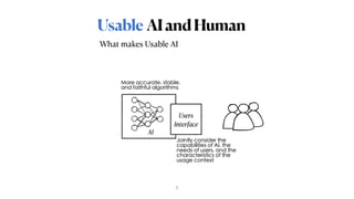 AIandHuman
Usable
What makes Usable AI
AI
More accurate, stable,
and faithful algorithms
Users
Interface
Jointly consider ...