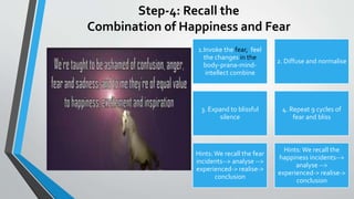 Step-4: Recall the
Combination of Happiness and Fear
1.Invoke the fear, feel
the changes in the
body-prana-mind-
intellect combine
2. Diffuse and normalise
3. Expand to blissful
silence
4. Repeat 9 cycles of
fear and bliss
Hints: We recall the fear
incidents--> analyse -->
experienced-> realise->
conclusion
Hints: We recall the
happiness incidents-->
analyse -->
experienced-> realise->
conclusion
 