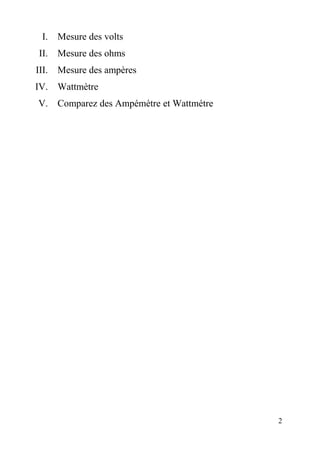 I. Mesure des volts
II. Mesure des ohms
III. Mesure des ampères
IV. Wattmètre
V. Comparez des Ampémètre et Wattmétre
2
 