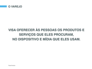 VISA OFERECER ÀS PESSOAS OS PRODUTOS E
SERVIÇOS QUE ELES PROCURAM,
NO DISPOSITIVO E MÍDIA QUE ELES USAM.
O VAREJO
Fonte:Amazon
 