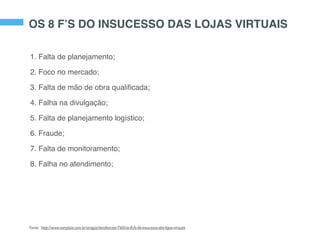 OS 8 F’S DO INSUCESSO DAS LOJAS VIRTUAIS
1. Falta de planejamento;
2. Foco no mercado;
3. Falta de mão de obra qualiﬁcada;
4. Falha na divulgação;
5. Falta de planejamento logístico;
6. Fraude;
7. Falta de monitoramento;
8. Falha no atendimento;
Fonte: http://www.varejista.com.br/artigos/tendencias/760/os-8-fs-do-insucesso-das-lojas-virtuais
 