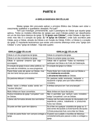 PARTE II 
A IGREJA BASEADA EM CÉLULAS 
Muitas igrejas têm procurado aplicar o princípio Bíblico das Células sem obter o 
crescimento qualitativo e quantitativo desejado. Por quê? 
Tem que investigar, primeiramente, qual o paradigma de Célula que aquela igreja 
aplicou. Todos os modelos diferentes de igrejas que usam Células podem ser classificados 
em um de dois tipos básicos de igreja: 1) “A igreja com Células”, onde Células é algo bem-vindo 
mas não é o coração da igreja. 2) “A Igreja de Células”, onde tudo acontece pela 
Célula, para a Célula, através da Célula e em função da Célula. Enfim, a Célula é o coração 
da igreja. É importante lembrarmos que existe uma enorme diferença entre uma “igreja com 
Células” e uma “igreja de Células”. Veja este quadro: 
IGREJA COM CÉLULAS IGREJA DE CÉLULAS 
Célula é um dos programas da Igreja. Célula é o programa da igreja. 
Célula é um dos ministérios da Igreja. Célula é a própria igreja nos lares. 
Célula é opcional (mesmo que seja Célula não é opcional. Todos os membros 
encorajado). participam da Célula e do Culto de Celebração. 
O coração da igreja é seus cultos públicos, ou O coração da igreja é a Célula. 
sua rede de ministérios, ou seus programas. 
Pastor titular pode até apoiar as Células, mas Pastor titular tem muita visão para as Células e 
não tem tanto tempo para se envolver. está totalmente envolvido 
e ativamente liderando as Células. 
Os pastores efetuam o ministério. Os pastores estão ensinando, treinando e 
equipando a Igreja para que todos efetuam o 
ministério. 
Muitas vezes a ênfase acaba sendo em A ênfase sempre é em “ser uma benção”. 
“receber bênçãos”. 
Muita ênfase em fazer convertidos. Muita ênfase em fazer discípulos. 
Outros ministérios da igreja “competem” com Não é permitido que nenhum outro ministério 
as Células. esteja “competindo” com as Células. 
Líderes são formados através dos seminários. Líderes são formados através do discipulado e da 
experiência prática, trabalhando e produzindo 
frutos nas Células. 
Só pode ser líder quem tem diploma. Só é líder em qualquer ministério da igreja se: 1) 
está sendo discipulado 2) Está fazendo discípulos 
3) Está produzindo fruto como líder de Célula. 
A visão do pastor titular nem sempre contagia a O pastor usa o púlpito e reuniões de liderança 
igreja. constantemente para passar a visão e contagiar a 
igreja. 
 
