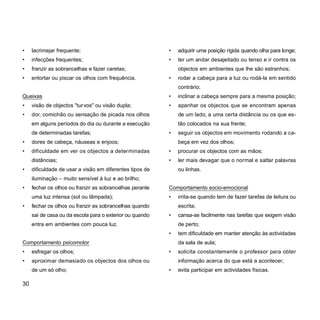• lacrimejar frequente;
• infecções frequentes;
• franzir as sobrancelhas e fazer caretas;
• entortar ou piscar os olhos com frequência.
Queixas
• visão de objectos "turvos" ou visão dupla;
• dor, comichão ou sensação de picada nos olhos
em alguns períodos do dia ou durante a execução
de determinadas tarefas;
• dores de cabeça, náuseas e enjoos;
• dificuldade em ver os objectos a determinadas
distâncias;
• dificuldade de usar a visão em diferentes tipos de
iluminação – muito sensível à luz e ao brilho;
• fechar os olhos ou franzir as sobrancelhas perante
uma luz intensa (sol ou lâmpada);
• fechar os olhos ou franzir as sobrancelhas quando
sai de casa ou da escola para o exterior ou quando
entra em ambientes com pouca luz.
Comportamento psicomotor
• esfregar os olhos;
• aproximar demasiado os objectos dos olhos ou
de um só olho;
• adquirir uma posição rígida quando olha para longe;
• ter um andar desajeitado ou tenso e ir contra os
objectos em ambientes que lhe são estranhos;
• rodar a cabeça para a luz ou rodá-la em sentido
contrário;
• inclinar a cabeça sempre para a mesma posição;
• apanhar os objectos que se encontram apenas
de um lado, a uma certa distância ou os que es-
tão colocados na sua frente;
• seguir os objectos em movimento rodando a ca-
beça em vez dos olhos;
• procurar os objectos com as mãos;
• ler mais devagar que o normal e saltar palavras
ou linhas.
Comportamento socio-emocional
• irrita-se quando tem de fazer tarefas de leitura ou
escrita;
• cansa-se facilmente nas tarefas que exigem visão
de perto;
• tem dificuldade em manter atenção às actividades
da sala de aula;
• solicita constantemente o professor para obter
informação acerca do que está a acontecer;
• evita participar em actividades físicas.
30
 