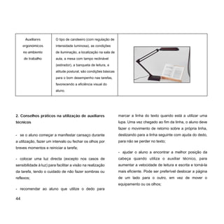 44
2. Conselhos práticos na utilização de auxiliares
técnicos
- se o aluno começar a manifestar cansaço durante
a utilização, fazer um intervalo ou fechar os olhos por
breves momentos e reiniciar a tarefa;
- colocar uma luz directa (excepto nos casos de
sensibilidade à luz) para facilitar a visão na realização
da tarefa, tendo o cuidado de não fazer sombras ou
reflexos;
- recomendar ao aluno que utilize o dedo para
marcar a linha do texto quando está a utilizar uma
lupa. Uma vez chegado ao fim da linha, o aluno deve
fazer o movimento de retorno sobre a própria linha,
deslizando para a linha seguinte com ajuda do dedo,
para não se perder no texto;
- ajudar o aluno a encontrar a melhor posição da
cabeça quando utiliza o auxiliar técnico, para
aumentar a velocidade de leitura e escrita e torná-la
mais eficiente. Pode ser preferível deslocar a página
de um lado para o outro, em vez de mover o
equipamento ou os olhos;
Auxiliares O tipo de candeeiro (com regulação de
ergonómicos intensidade luminosa), as condições
no ambiente de iluminação, a localização na sala de
de trabalho aula, a mesa com tampo reclinável
(estirador), a banqueta de leitura, a
atitude postural, são condições básicas
para o bom desempenho nas tarefas,
favorecendo a eficiência visual do
aluno.
 