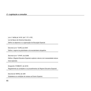 C- Legislação a consultar
60
Lei n.º 46/86 de 14/10 (art.º 17º e 18º)
Lei de Bases do Sistema Educativo
Define os objectivos e a organização da Educação Especial.
Decreto-Lei n.º 35/90, de 25/01
Define o regime de gratuitidade e de escolaridade obrigatória.
Decreto-Lei n.º 319/91, de 23/08
Define o Regime Educativo Especial a aplicar a alunos com necessidades educa-
tivas especiais.
Despacho 173/ME/91, de 23/10
Regulamenta as condições e os procedimentos do Regime Educativo Especial.
Decreto-lei 189/92, de 3/09
Estabelece as condições de acesso ao Ensino Superior.
 