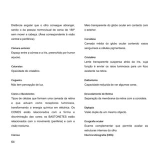 Distância angular que o olho consegue abranger,
sendo o da pessoa normovisual de cerca de 180º
sem mover a cabeça. (Área correspondente à visão
central e periférica).
Câmara anterior
Espaço entre a córnea e a íris, preenchido por humor
aquoso.
Cataratas
Opacidade do cristalino.
Cegueira
Não tem percepção de luz.
Cones e Bastonetes
Tipos de células que formam uma camada da retina
e que actuam como receptores luminosos,
transformando a energia química em eléctrica. Os
CONES estão relacionados com a forma e
discriminação das cores; os BASTONETES estão
relacionados com o movimento (periferia) e com a
visão nocturna.
Córnea
Meio transparente do globo ocular em contacto com
o exterior.
Coroideia
Camada média do globo ocular contendo vasos
sanguíneos e células pigmentares.
Cristalino
Lente transparente suspensa atrás da íris, cuja
função é enviar os raios luminosos para um foco
existente na retina.
Daltonismo
Capacidade reduzida de ver algumas cores.
Descolamento de Retina
Separação da membrana da retina com a coroideia.
Diplopia
Visão dupla de um mesmo objecto.
Ecografia ocular
Exame complementar que permite avaliar as
estruturas internas do olho.
Electroretinografia (ERG)
64
 