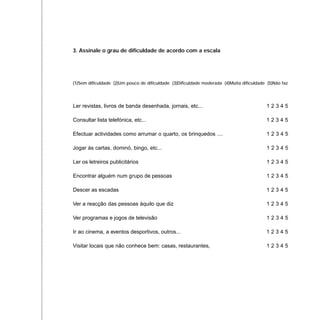 3. Assinale o grau de dificuldade de acordo com a escala
(1)Sem dificuldade (2)Um pouco de dificuldade (3)Dificuldade moderada (4)Muita dificuldade (5)Não faz
Ler revistas, livros de banda desenhada, jornais, etc... 1 2 3 4 5
Consultar lista telefónica, etc... 1 2 3 4 5
Efectuar actividades como arrumar o quarto, os brinquedos .... 1 2 3 4 5
Jogar às cartas, dominó, bingo, etc... 1 2 3 4 5
Ler os letreiros publicitários 1 2 3 4 5
Encontrar alguém num grupo de pessoas 1 2 3 4 5
Descer as escadas 1 2 3 4 5
Ver a reacção das pessoas àquilo que diz 1 2 3 4 5
Ver programas e jogos de televisão 1 2 3 4 5
Ir ao cinema, a eventos desportivos, outros... 1 2 3 4 5
Visitar locais que não conhece bem: casas, restaurantes, 1 2 3 4 5
 