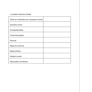 2. O ALUNO É CAPAZ DE UTILIZAR:
Textos em matemática com caracteres normais
Dicionário normal
Enciclopédias/atlas
Fichas fotocopiadas
Gravuras
Mapas de contornos
Mapas políticos
Notação musical
Papel gráfico normalizado
 