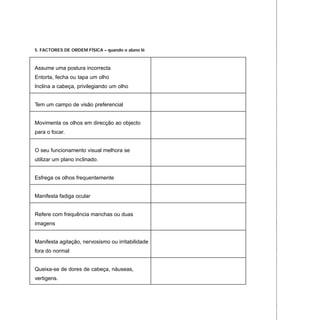 5. FACTORES DE ORDEM FÍSICA – quando o aluno lê
Assume uma postura incorrecta
Entorta, fecha ou tapa um olho
Inclina a cabeça, privilegiando um olho
Tem um campo de visão preferencial
Movimenta os olhos em direcção ao objecto
para o focar.
O seu funcionamento visual melhora se
utilizar um plano inclinado.
Esfrega os olhos frequentemente
Manifesta fadiga ocular
Refere com frequência manchas ou duas
imagens
Manifesta agitação, nervosismo ou irritabilidade
fora do normal
Queixa-se de dores de cabeça, náuseas,
vertigens.
 