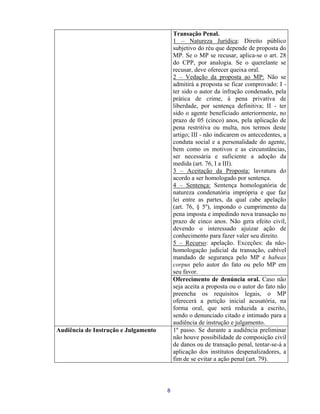 Transação Penal. 
1 – Natureza Jurídica: Direito público subjetivo do réu que depende de proposta do MP. Se o MP se recusar, aplica-se o art. 28 do CPP, por analogia. Se o querelante se recusar, deve oferecer queixa oral. 
2 – Vedação da proposta ao MP: Não se admitirá a proposta se ficar comprovado: I - ter sido o autor da infração condenado, pela prática de crime, à pena privativa de liberdade, por sentença definitiva; II - ter sido o agente beneficiado anteriormente, no prazo de 05 (cinco) anos, pela aplicação de pena restritiva ou multa, nos termos deste artigo; III - não indicarem os antecedentes, a conduta social e a personalidade do agente, bem como os motivos e as circunstâncias, ser necessária e suficiente a adoção da medida (art. 76, I a III). 
3 – Aceitação da Proposta: lavratura do acordo a ser homologado por sentença. 
4 – Sentença: Sentença homologatória de natureza condenatória imprópria e que faz lei entre as partes, da qual cabe apelação (art. 76, § 5º), impondo o cumprimento da pena imposta e impedindo nova transação no prazo de cinco anos. Não gera efeito civil, devendo o interessado ajuizar ação de conhecimento para fazer valer seu direito. 
5 – Recurso: apelação. Exceções: da não- homologação judicial da transação, cabível mandado de segurança pelo MP e habeas corpus pelo autor do fato ou pelo MP em seu favor. 
Oferecimento de denúncia oral. Caso não seja aceita a proposta ou o autor do fato não preencha os requisitos legais, o MP oferecerá a petição inicial acusatória, na forma oral, que será reduzida a escrito, sendo o denunciado citado e intimado para a audiência de instrução e julgamento. 
Audiência de Instrução e Julgamento 
1º passo. Se durante a audiência preliminar não houve possibilidade de composição civil de danos ou de transação penal, tentar-se-á a aplicação dos institutos despenalizadores, a fim de se evitar a ação penal (art. 79). 
8 
 
