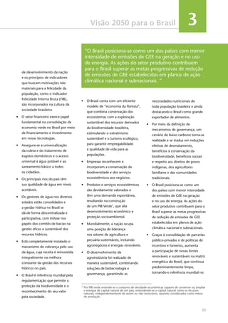 25
Visão 2050 para o Brasil 3
de desenvolvimento da nação
e os princípios de indicadores
que buscam motivações não
materiais para a felicidade da
população, como o indicador
Felicidade Interna Bruta (FIB),
são incorporados na cultura da
sociedade brasileira.
•	 O setor financeiro exerce papel
fundamental na consolidação da
economia verde no Brasil por meio
de financiamento e investimento
em novas tecnologias.
•	 Assegura-se a universalização
da coleta e do tratamento de
esgotos domésticos e o acesso
universal à água potável e ao
saneamento básico a todos
os cidadãos.
•	 Os principais rios do país têm
sua qualidade de água em níveis
aceitáveis.
•	 Os gestores de água nos diversos
estados estão consolidados e
a gestão hídrica no Brasil se
dá de forma descentralizada e
participativa, com ênfase nos
papéis dos comitês de bacias na
gestão eficaz e sustentável dos
recursos hídricos.
•	 Está completamente instalado o
mecanismo de cobrança pelo uso
da água, cuja receita é reinvestida
integralmente na melhora
constante da gestão dos recursos
hídricos no país.
•	 O Brasil é referência mundial pela
regulamentação que permite a
proteção da biodiversidade e o
reconhecimento do seu valor
pela sociedade.
•	 O Brasil conta com um eficiente
modelo de “economia da floresta”,
que combina conservação dos
ecossistemas com a exploração
sustentável dos recursos derivados
da biodiversidade brasileira,
estimulando o extrativismo
sustentável e o turismo ecológico,
para garantir empregabilidade
e qualidade de vida para as
populações.
•	 Empresas reconhecem e
incorporam a conservação da
biodiversidade e dos serviços
ecossistêmicos aos negócios.
•	 Produtos e serviços ecossistêmicos
são devidamente valorados e
têm uma demanda espontânea,
resultando na construção
de um PIB Verde7
, que alia
desenvolvimento econômico e
proteção socioambiental.
•	 Mundialmente, a nação ocupa
uma posição de liderança
nos setores de agricultura e
pecuária sustentáveis, incluindo
agronegócios e energias renováveis.
•	 O desenvolvimento da
agroindústria foi realizado de
maneira sustentável, combinando
soluções de biotecnologia e
governança, garantindo as
necessidades nutricionais de
toda população brasileira e ainda
destacando o Brasil como grande
exportador de alimentos.
•	 Por meio da definição de
mecanismos de governança, um
cenário de baixo carbono torna-se
realidade e se traduz em reduções
efetivas de desmatamento,
benefícios à conservação da
biodiversidade, benefícios sociais
e respeito aos direitos de povos
indígenas, dos agricultores
familiares e das comunidades
tradicionais.
•	 O Brasil posiciona-se como um
dos países com menor intensidade
de emissões de GEE na geração
e no uso de energia. As ações do
setor produtivo contribuem para o
Brasil superar as metas progressivas
de redução de emissões de GEE
estabelecidas em planos de ação
climática nacional e subnacionais.
•	 Graças à consolidação de parcerias
público-privadas e de políticas de
incentivo e fomento, aumenta
a participação de novas fontes
renováveis e sustentáveis na matriz
energética do Brasil, que continua
predominantemente limpa,
tornando-o referência mundial no
7
	 Por PIB verde entende-se o conjunto de atividades econômicas capazes de conservar ou ampliar
o estoque de capital natural de um país, entendendo-se o capital natural como os recursos
naturais, independentemente de serem ou não renováveis, quando considerados como meios
de produção.
“O Brasil posiciona-se como um dos países com menor
intensidade de emissões de GEE na geração e no uso
de energia. As ações do setor produtivo contribuem
para o Brasil superar as metas progressivas de redução
de emissões de GEE estabelecidas em planos de ação
climática nacional e subnacionais. ”
 