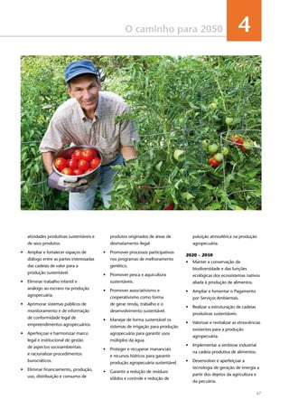 47
O caminho para 2050 4
atividades produtivas sustentáveis e
de seus produtos.
•	 Ampliar e fortalecer espaços de
diálogo entre as partes interessadas
das cadeias de valor para a
produção sustentável.
•	 Eliminar trabalho infantil e
análogo ao escravo na produção
agropecuária.
•	 Aprimorar sistemas públicos de
monitoramento e de informação
de conformidade legal de
empreendimentos agropecuários.
•	 Aperfeiçoar e harmonizar marco
legal e institucional de gestão
de aspectos socioambientais
e racionalizar procedimentos
burocráticos.
•	 Eliminar financiamento, produção,
uso, distribuição e consumo de
produtos originados de áreas de
desmatamento ilegal.
•	 Promover processos participativos
nos programas de melhoramento
genético.
•	 Promover pesca e aquicultura
sustentáveis.
•	 Promover associativismo e
cooperativismo como forma
de gerar renda, trabalho e o
desenvolvimento sustentável.
•	 Manejar de forma sustentável os
sistemas de irrigação para produção
agropecuária para garantir usos
múltiplos da água.
•	 Proteger e recuperar mananciais
e recursos hídricos para garantir
produção agropecuária sustentável.
•	 Garantir a redução de resíduos
sólidos e controle e redução de
poluição atmosférica na produção
agropecuária.
	
2020 – 2050	
•	 Manter a conservação da
biodiversidade e das funções
ecológicas dos ecossistemas nativos
aliada à produção de alimentos.
•	 Ampliar e fomentar o Pagamento
por Serviços Ambientais.
•	 Realizar a estruturação de cadeias
produtivas sustentáveis.
•	 Valorizar e revitalizar as etnociências
existentes para a produção
agropecuária.
•	 Implementar a simbiose industrial
na cadeia produtiva de alimentos.
•	 Desenvolver e aperfeiçoar a
tecnologia de geração de energia a
partir dos dejetos da agricultura e
da pecuária.
 