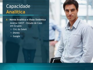 CapacidadeAnalítica 
A -Mente Analítica e Visão Sistêmica 
Análise SWOT -Estudo de Caso em Grupos: 
•CircduSoleil 
•Disney 
•Google  