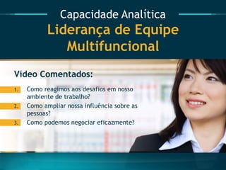 Capacidade Analítica Liderança de Equipe Multifuncional 
Vídeo Comentados: 
1.Como reagimos aos desafios em nosso ambiente de trabalho? 
2.Como ampliar nossa influência sobre as pessoas? 
3.Como podemos negociar eficazmente?  