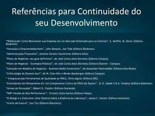 “Wikibrands: Como Reinventar sua Empresa em um Mercado Orientado para os Clientes”, S. Moffitt, M. Dover(Editora Bookman) 
“Inovação e Empreendedorismo”, John Bessant, Joe Tidd(Editora Bookman) 
“Administração Financeira”, AntonioZorattoSanvicente(Editora Atlas) 
“Plano de Negócios: seu guia definitivo”,de José Carlos Assis Dornelas (Editora Campus) 
“Plano de Negócios –Exemplos Práticos”, de José Carlos Assis Dornelas (Editora Elsevier–Campus) 
“Inovação em Modelos de Negócios –Business ModelGeneration”, de Alexander Osterwalder(Editora Alta Books) 
“A Estratégia do Oceano Azul”, de W. Chan Kim e Renée Mauborgne(Editora Campus) 
“ Integracaodas Ferramentas da Qualidade ao PDCA, Silvio Aguiar (Editora IDG) 
“Entendendo Um Pensamento A3: Um Componente Crítico do PDCA da Toyota” , D. K. Sobek Ii& A. Smalley (Editora Bookman) 
“Armas da Persuasão”, Robert B. Cialdini(Editora Sextante) 
“VAP! Vendas de Alta Performance”, Ernesto Costa Santos (Editora Nelpa) 
“O Monge e o Executivo: Uma História Sobre a Essência da Liderança”, James C. Hunter (Editora Sextante) 
“A Arte da Guerra”, Sun Tzu(Editora Discovery) 
Referências para Continuidade do seu Desenvolvimento 