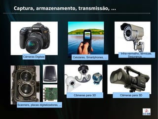 Captura, armazenamento, transmissão, ...




                                                                       Infra-vermelho, térmicas,
     Câmeras Digitais                    Celulares, Smartphones, ...         Segurança, ...




                                         Câmeras para 3D               Câmeras para 3D


 Scanners, placas digitalizadores, ...
 