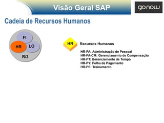 Visão Geral SAP
Cadeia de Recursos Humanos

        FI
                      HR   Recursos Humanos
   HR         LO
                           HR-PA: Administração de Pessoal
        R/3                HR-PA-CM: Gerenciamento de Compensação
                           HR-PT: Gerenciamento de Tempo
                           HR-PY: Folha de Pagamento
                           HR-PE: Treinamento
 