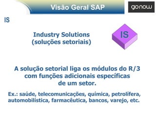 Visão Geral SAP
IS

           Industry Solutions               IS
          (soluções setoriais)



     A solução setorial liga os módulos do R/3
        com funções adicionais específicas
                   de um setor.
 Ex.: saúde, telecomunicações, química, petrolífera,
 automobilística, farmacêutica, bancos, varejo, etc.
 