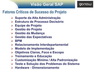 Visão Geral SAP
Fatores Críticos de Sucesso do Projeto
        Suporte da Alta Administração
        Estrutura de Processo Decisório
        Equipe de Projeto
        Gestão do Projeto
        Gestão da Mudança
        Gestão das Expectativas
        BPM
        Relacionamento Interdepartamental
        Modelo de Implementação
        Objetivos Claros, Foco e Escopo
        Treinamento e Educação
        Customização Mínima / Alta Padronização
        Teste e Solução dos Problemas do Sistema
        Hardware - Dimensionamento
 
