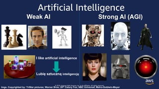 © 2018, Amazon Web Services, Inc. or its affiliates. All rights reserved.
Artificial Intelligence
Weak AI Strong AI (AGI)
I like artificial intelligence
Lubię sztuczną inteligencję
Imgs. Copyrighted by: TriStar pictures; Warner Bros; 20th Cetury Fox; NBC Universal; Metro-Goldwin-Mayer
 