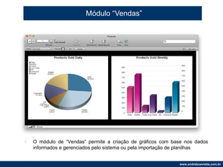 Módulo “Vendas” O módulo de “Vendas” permite a criação de gráficos com base nos dados informados e gerenciados pelo sistema ou pela importação de planilhas 