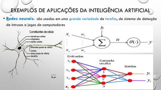 EXEMPLOS DE APLICAÇÕES DA INTELIGÊNCIA ARTIFICIAL
• Redes neurais: são usadas em uma grande variedade de tarefas, de sistema de detecção
de intrusos a jogos de computadores.
 