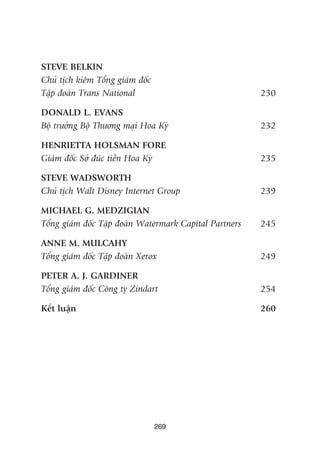 269
STEVE BELKIN
Chuã tõch kiïm Töíng giaám àöëc
Têåp àoaân Trans National 230
DONALD L. EVANS
Böå trûúãng Böå Thûúng maåi Hoa Kyâ 232
HENRIETTA HOLSMAN FORE
Giaám àöëc Súã àuác tiïìn Hoa Kyâ 235
STEVE WADSWORTH
Chuã tõch Walt Disney Internet Group 239
MICHAEL G. MEDZIGIAN
Töíng giaám àöëc Têåp àoaân Watermark Capital Partners 245
ANNE M. MULCAHY
Töíng giaám àöëc Têåp àoaân Xerox 249
PETER A. J. GARDINER
Töíng giaám àöëc Cöng ty Zindart 254
Kïët luêån 260
 