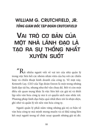 53
WILLIAM G. CRUTCHFIELD, JR.
TÖÍNG GIAÁM ÀÖËC TÊÅP ÀOAÂN CRUTCHFIELD
VAI TROÂ CÚ BAÃN CUÃA
MÖÅT NHAÂ LAÄNH ÀAÅO LAÂ
TAÅO RA SÛÅ THÖËNG NHÊËT
XUYÏN SUÖËT
“Rêët nhiïìu ngûúâi viïët vïì vai troâ cuãa nhaâ quaãn lyá
trong viïåc liïn kïët caác nhoám nhên viïn cuãa hoå vúái caác chiïën
lûúåc vaâ chiïën thuêåt kinh doanh cuãa cöng ty. Vïì mùåt naây,
Kenneth Lay, CEO cuãa Têåp àoaân Enron laâ möåt trong nhûäng
laänh àaåo taâi ba, nhûng nhû thïë vêîn chûa àuã. Búãi vò coân möåt
àiïìu rêët quan troång khaác laâ viïåc liïn kïët caác giaá trõ vaâ thiïët
lêåp nïìn vùn hoáa cöng ty maâ ñt coá quyïín saách naâo nhùæc túái.
Phûúng phaáp laänh àaåo hiïåu quaã nhêët theo töi laâ nhêån diïån,
ghi nhúá vaâ quaãn lyá töët nïìn vùn hoáa cöng ty.
Ngûúâi quaãn lyá phaãi nùæm vûäng nhûäng giaá trõ cú baãn vïì
vùn hoáa cöng ty maâ mònh mong muöën vaâ coá khaã nùng liïn
kïët moåi ngûúâi trong töí chûác xoay quanh nhûäng giaá trõ àoá.
 