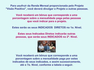 Para usufruir da Renda Mensal proporcionada pelo Projeto "Visão Positiva", você deverá divulgar o Projeto a outras pessoas.   Você receberá um bônus que corresponde a uma  porcentagem sobre a mensalidade paga pelas pessoas  que você indicar para o projeto.   Estes serão os seus INDICADOS  DIRETOS no 1o. Nível.   Estes seus Indicados Diretos indicarão outras  pessoas, que serão seus INDICADOS no 2º. Nível.    Você receberá um bônus que corresponde a uma  porcentagem sobre a mensalidade paga por estes  indicados de seus indicados, e assim sucessivamente,  até o 7o. Nível, conforme a tabela a seguir.  