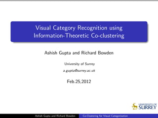 Visual Category Recognition using
Information-Theoretic Co-clustering
Ashish Gupta and Richard Bowden
University of Surrey
a.gupta@surrey.ac.uk
Feb.25,2012
Ashish Gupta and Richard Bowden Co-Clustering for Visual Categorization
 