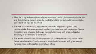 • After the body is cleansed internally (systemic) and morbid dosha remains in the skin
and flesh (external tissues), or dosha morbidity is little, the external treatment to be
carried out will now be described.
• The bark of udumbara (Ficus glomerata), madhuka (Glycyrrhiza glabra Linn),
padmakinjalka (Prunas cerasoides), utpala (Nymphaea nouchali), nagapuspa (Mesua
ferrea Linn) and priyangu (Callicarpa macrophylla) mixed with ghee and applied
externally as pradeha and is beneficial.
• The tender adventitious roots of nyagrodha (Ficus bengalensis Linn), pith of kadali
(Musa paradisiaca Linn.) and rhizome of lotus should be mixed with ghee washed
hundred times and is applied externally as a lepa.
 
