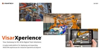 VisarXperience
A ready-made platform for deploying and expanding 

VR/DT/AR experiences for industrial operations & beyond
Q4 2023
Your Gateway to VR, AR & Digital Twin Solutions
VR
Digital Twin
AR
 