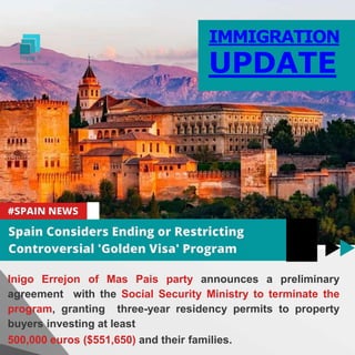 IMMIGRATION
UPDATE
Inigo Errejon of Mas Pais party announces a preliminary
agreement with the Social Security Ministry to terminate the
program, granting three-year residency permits to property
buyers investing at least
500,000 euros ($551,650) and their families.
 