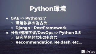 Python環境
● GAE => Python2.7
○ 環境依存の為古め...
○ Django + RestFramework
● 分析/機械学習/DevOps => Python 3.5
○ 研究開発的なものも含む
○ Recommendation, Re:dash, etc...
 
