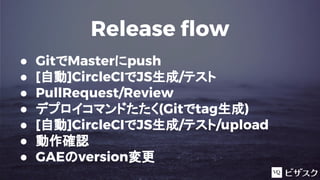 Release flow
● GitでMasterにpush
● [自動]CircleCIでJS生成/テスト
● PullRequest/Review
● デプロイコマンドたたく(Gitでtag生成)
● [自動]CircleCIでJS生成/テスト/upload
● 動作確認
● GAEのversion変更
 