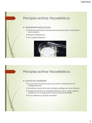 23/07/2015
5
Principios activos Viscoelásticos
 HIDROXIPROPILMETILCELULOSA
 Obtenida a partir de la celulosa (principal polisacárido constituyente
de la madera)
 De gran transparencia .
 Es un agente dispersivo
Principios activos Viscoelásticos
 SULFATO DE CONDROITÍN:
 Es una sustancia química que se encuentra naturalmente en el
cartílago articular.
 Se obtiene a partir de fuentes animales (cartílago de vaca o tiburón).
 Entrega alta protección endotelial debido a que su carga negativa
interactúa con la carga positiva de las células endoteliales.
 Es muy dispersivo y de baja viscosidad.
 