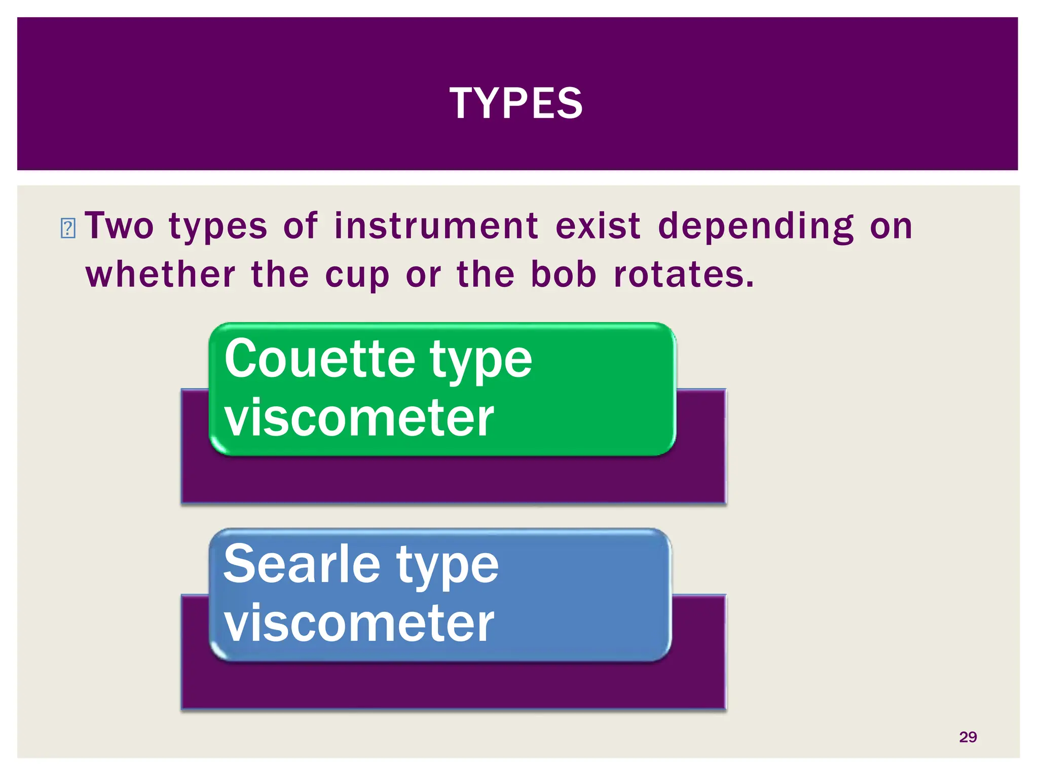 TYPES
◾ Two types of instrument exist depending on
whether the cup or the bob rotates.
Couette type
viscometer
Searle type
viscometer
29
 