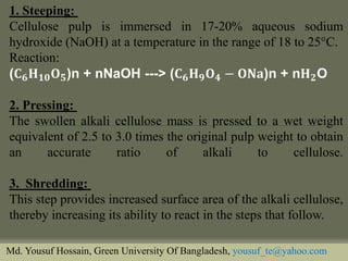 1. Steeping: 
Cellulose pulp is immersed in 17-20% aqueous sodium hydroxide (NaOH) at a temperature in the range of 18 to 25°C. 
Reaction: 
(퐂ퟔ퐇ퟏퟎ퐎ퟓ)n + nNaOH ---> (퐂ퟔ퐇ퟗ퐎ퟒ−퐎퐍퐚)n + n퐇ퟐO 
2. Pressing: 
The swollen alkali cellulose mass is pressed to a wet weight equivalent of 2.5 to 3.0 times the original pulp weight to obtain an accurate ratio of alkali to cellulose. 
3. Shredding: 
This step provides increased surface area of the alkali cellulose, thereby increasing its ability to react in the steps that follow. 
Md. Yousuf Hossain, Green University Of Bangladesh, yousuf_te@yahoo.com  
