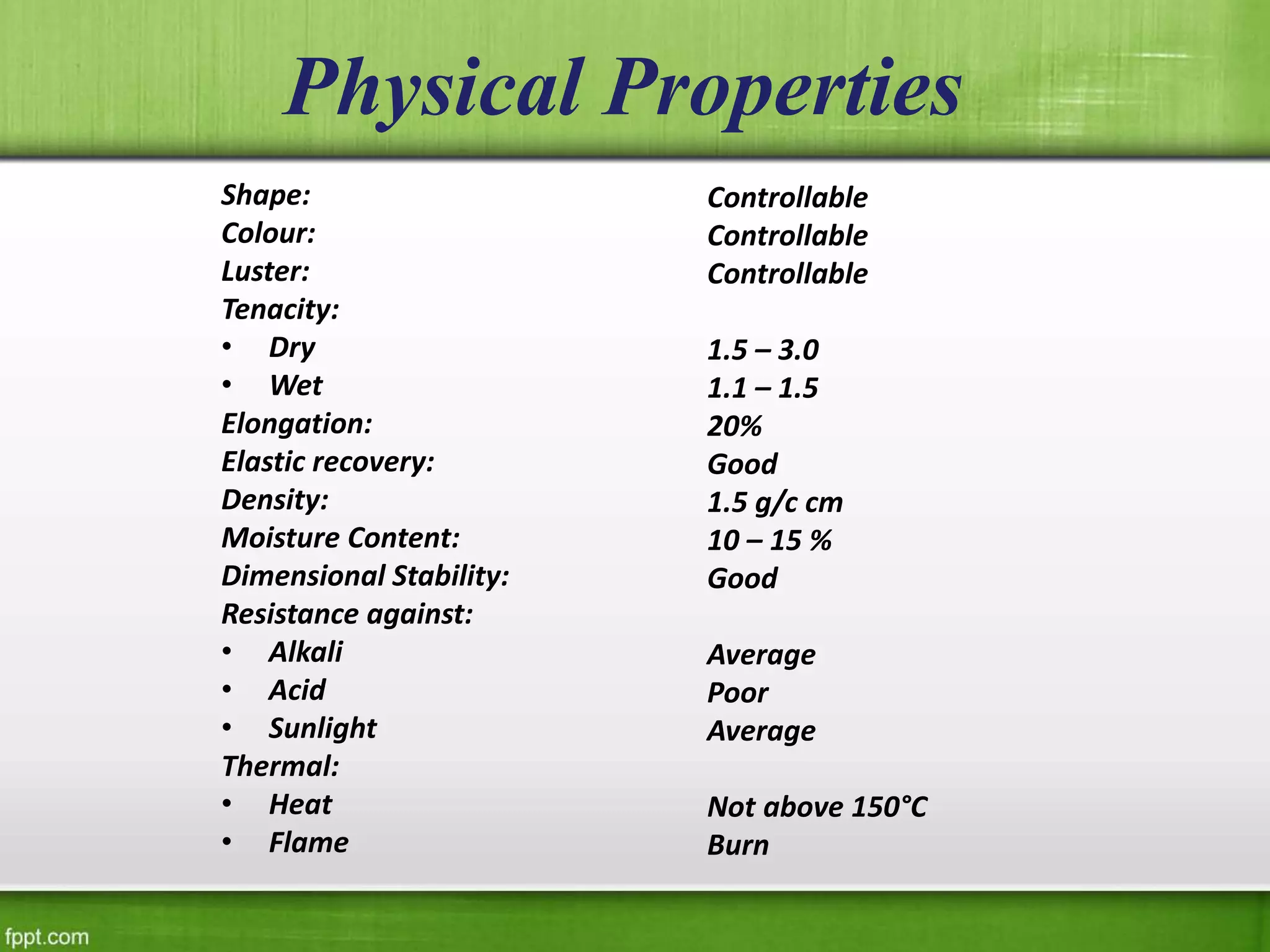 Physical Properties
Shape:
Colour:
Luster:
Tenacity:
• Dry
• Wet
Elongation:
Elastic recovery:
Density:
Moisture Content:
Dimensional Stability:
Resistance against:
• Alkali
• Acid
• Sunlight
Thermal:
• Heat
• Flame
Controllable
Controllable
Controllable
1.5 – 3.0
1.1 – 1.5
20%
Good
1.5 g/c cm
10 – 15 %
Good
Average
Poor
Average
Not above 150°C
Burn
 