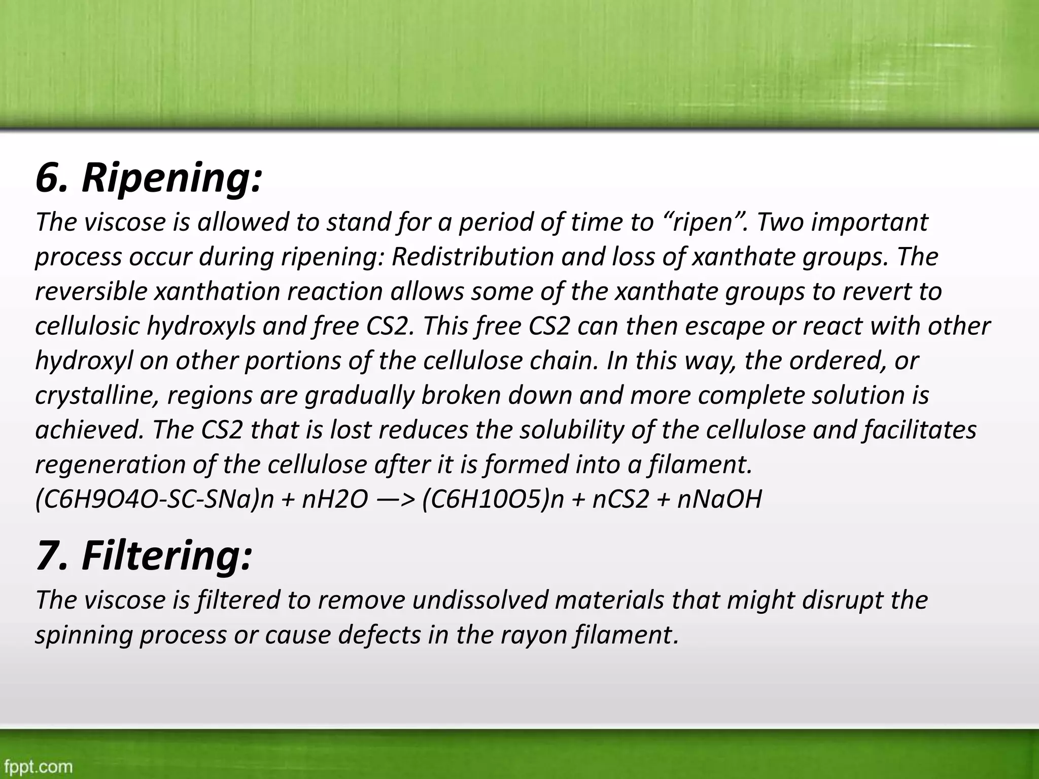 6. Ripening:
The viscose is allowed to stand for a period of time to “ripen”. Two important
process occur during ripening: Redistribution and loss of xanthate groups. The
reversible xanthation reaction allows some of the xanthate groups to revert to
cellulosic hydroxyls and free CS2. This free CS2 can then escape or react with other
hydroxyl on other portions of the cellulose chain. In this way, the ordered, or
crystalline, regions are gradually broken down and more complete solution is
achieved. The CS2 that is lost reduces the solubility of the cellulose and facilitates
regeneration of the cellulose after it is formed into a filament.
(C6H9O4O-SC-SNa)n + nH2O —> (C6H10O5)n + nCS2 + nNaOH
7. Filtering:
The viscose is filtered to remove undissolved materials that might disrupt the
spinning process or cause defects in the rayon filament.
 