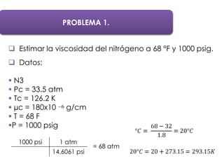 PROBLEMA 1.
 Estimar la viscosidad del nitrógeno a 68 °F y 1000 psig.
 Datos:
 N3
 Pc = 33.5 atm
 Tc = 126.2 K
 µc = 180x10 g/cm
 T = 68 F
P = 1000 psig
6
1000 psi 1 atm
14.6061 psi
= 68 atm
 
